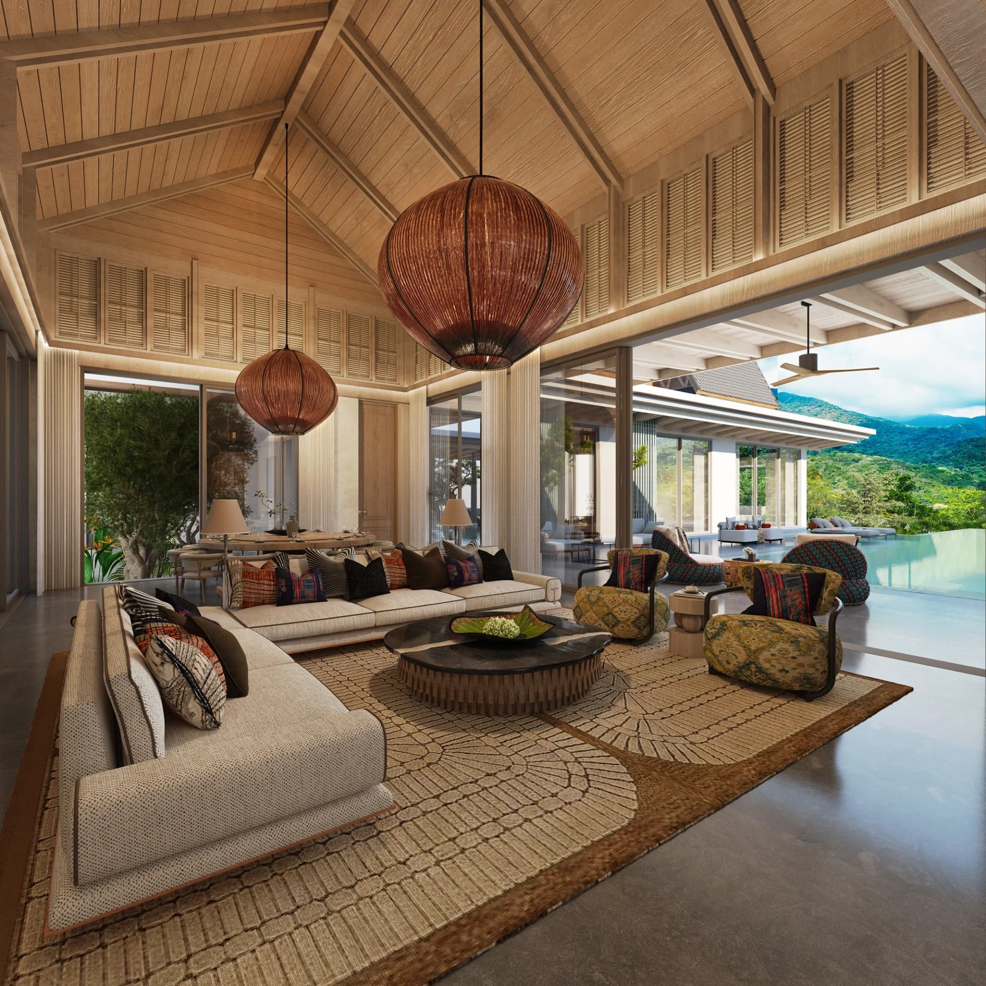 Punyisa Pachira living room opening towards the pool — project rendering